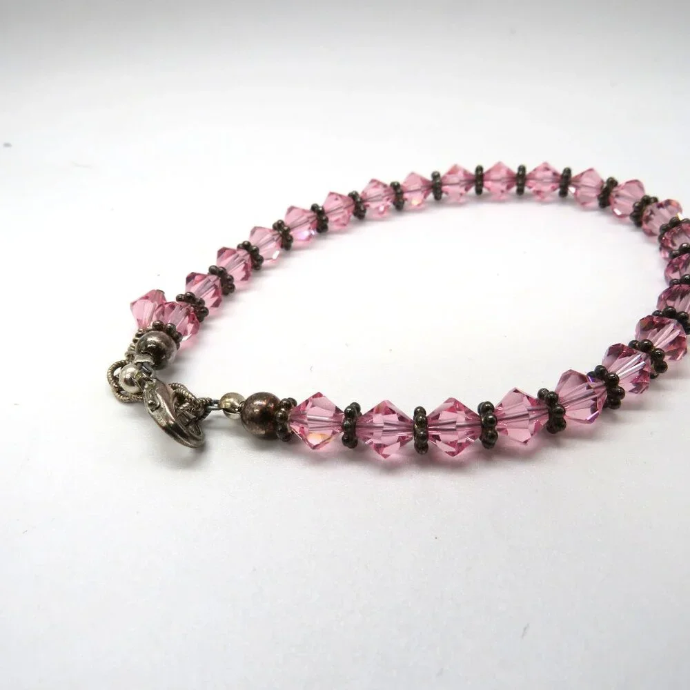 Vintage Pink Crystal Bead Bracelet Metal Spacer Beads‎ Extender